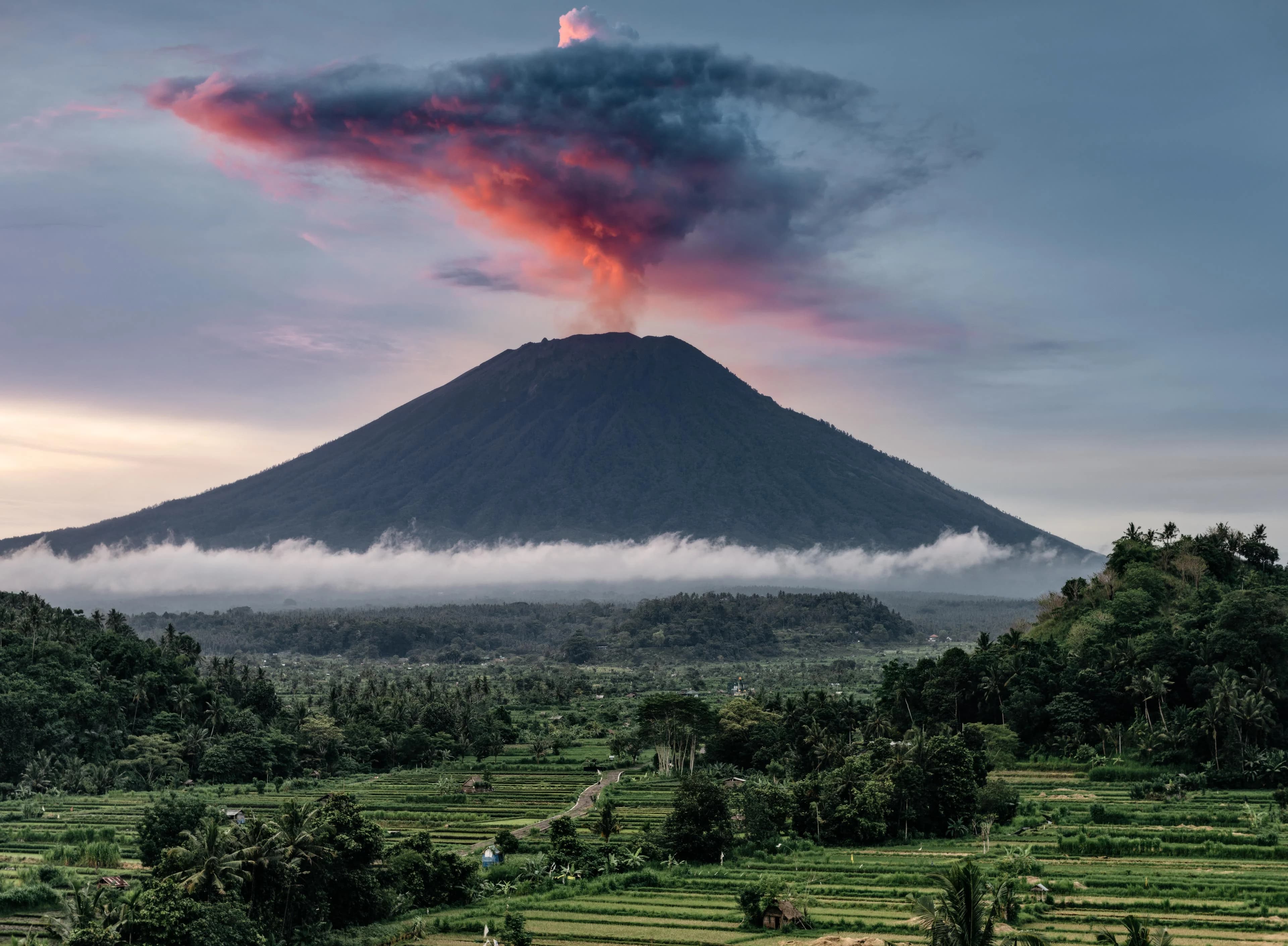 Mount Agung during eruption at sunset over rice fields, Bali